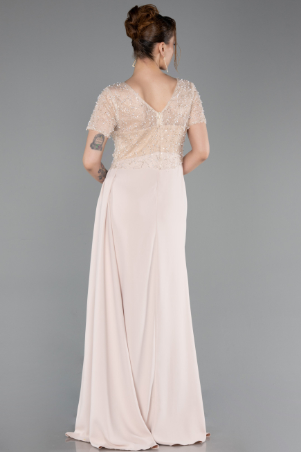 Robe de Soirée Longue Dantelle Beige ABU6100