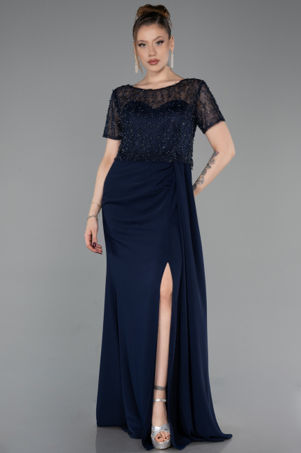 Robe de Soirée Longue Dantelle Bleu Marine ABU6100