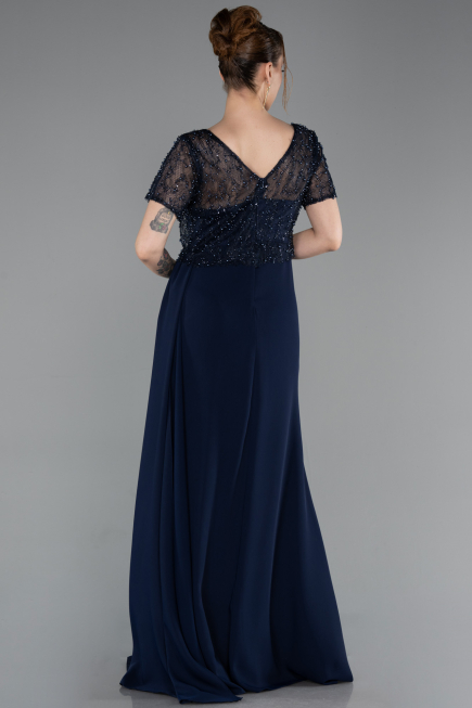 Robe de Soirée Longue Dantelle Bleu Marine ABU6100