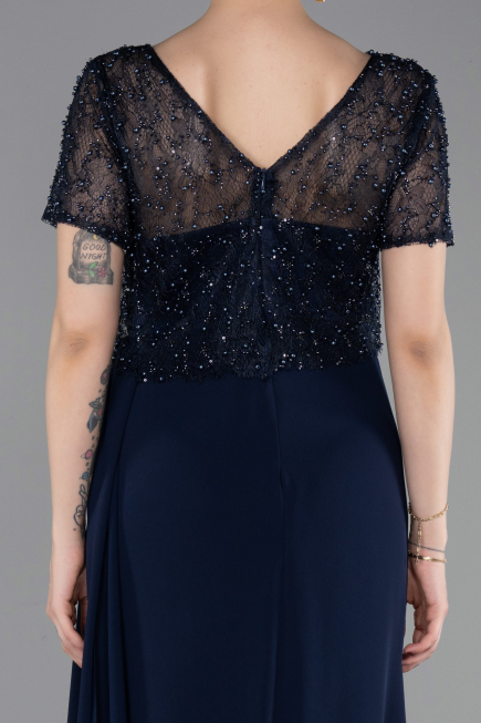 Robe de Soirée Longue Dantelle Bleu Marine ABU6100