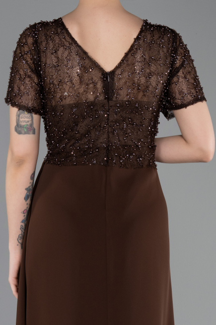 Robe de Soirée Longue Dantelle Brun ABU6100