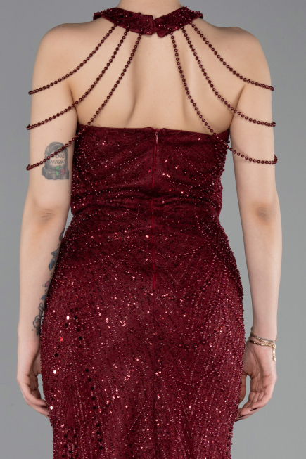 Robe de Soirée Longue Perlé Rouge Bordeaux ABU6073