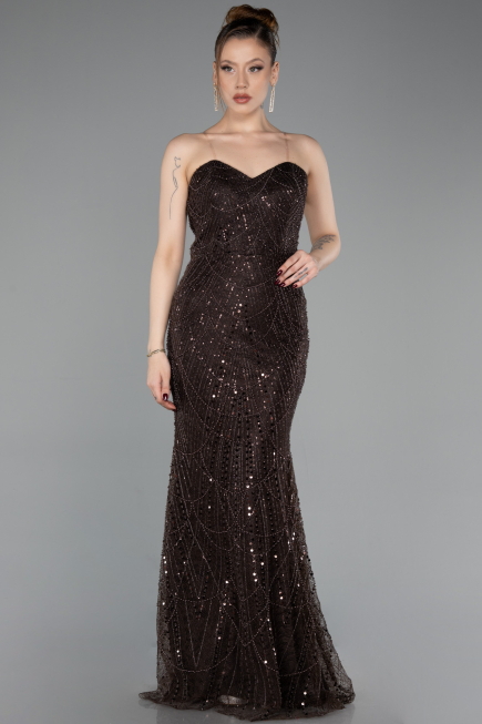 Robe de Soirée Longue Perlé Brun ABU6073