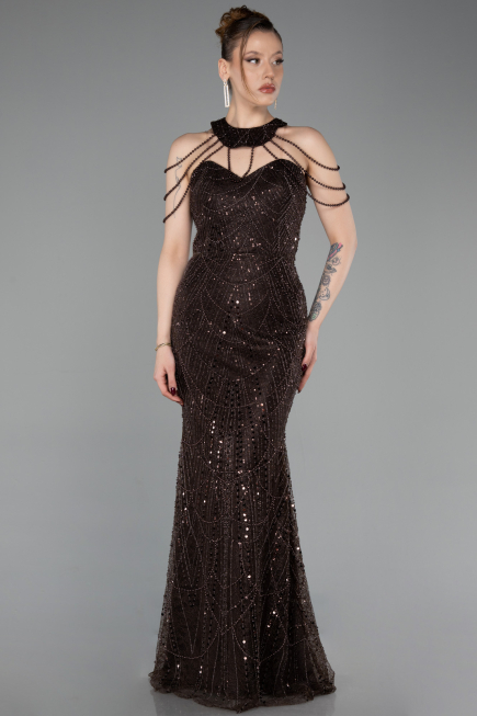 Robe de Soirée Longue Perlé Brun ABU6073