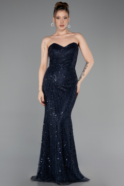 Robe de Soirée Longue Perlé Bleu Marine ABU6073