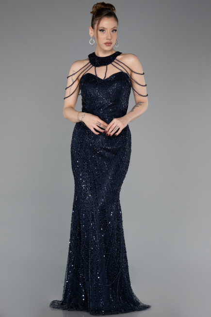 Robe de Soirée Longue Perlé Bleu Marine ABU6073