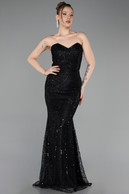 Robe de Soirée Longue Perlé Noir ABU6073