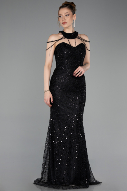 Robe de Soirée Longue Perlé Noir ABU6073