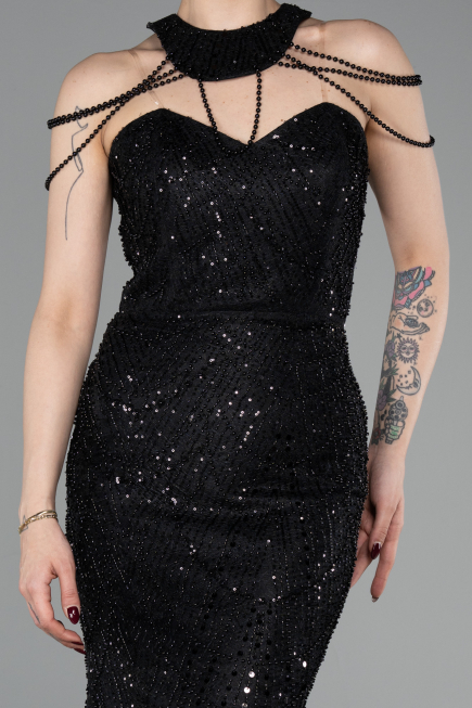Robe de Soirée Longue Perlé Noir ABU6073