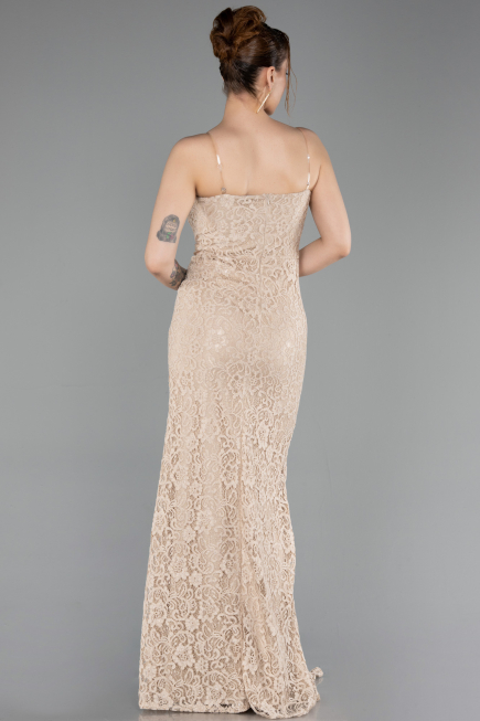 Robe de Soirée Longue Dantelle Beige ABU6077