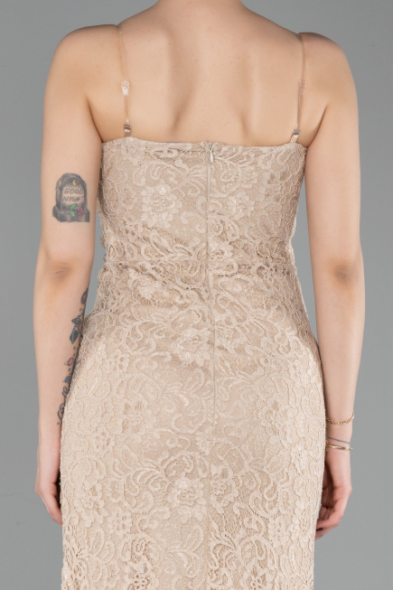 Robe de Soirée Longue Dantelle Beige ABU6077