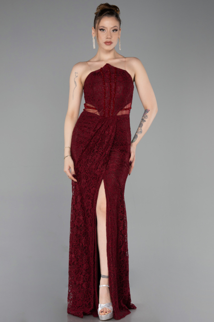 Robe de Soirée Longue Dantelle Rouge Bordeaux ABU6077