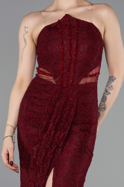 Robe de Soirée Longue Dantelle Rouge Bordeaux ABU6077