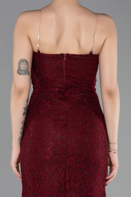 Robe de Soirée Longue Dantelle Rouge Bordeaux ABU6077