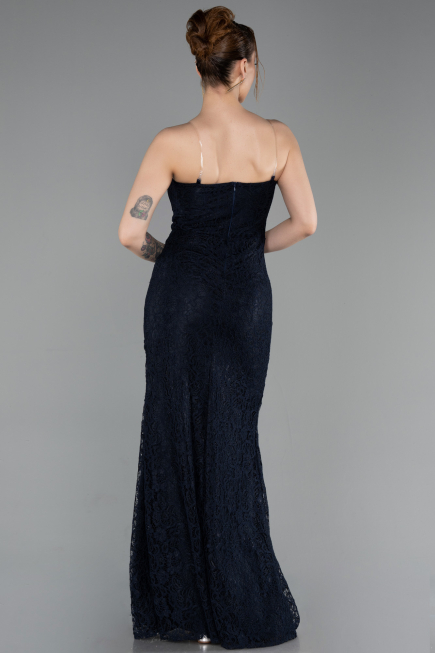 Robe de Soirée Longue Dantelle Bleu Marine ABU6077