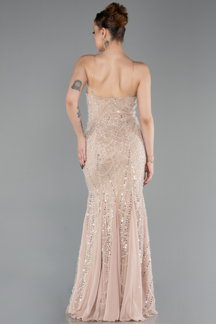 Robe de Soirée Longue Perlé Beige ABU6080