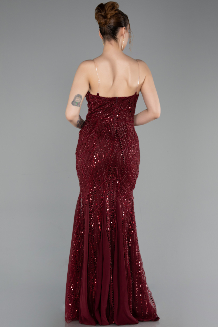 Robe de Soirée Longue Perlé Rouge Bordeaux ABU6080
