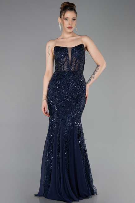 Robe de Soirée Longue Perlé Bleu Marine ABU6080