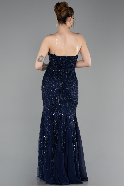 Robe de Soirée Longue Perlé Bleu Marine ABU6080
