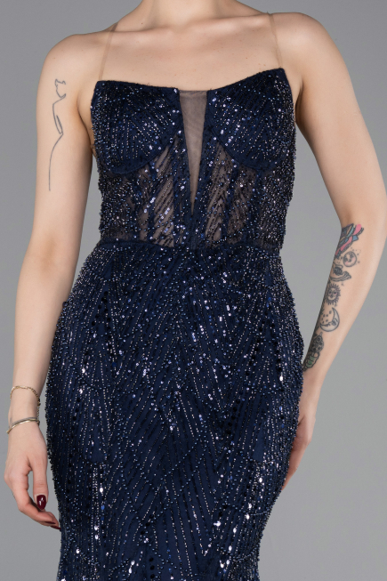 Robe de Soirée Longue Perlé Bleu Marine ABU6080