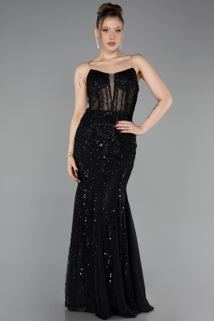 Robe de Soirée Longue Perlé Noir ABU6080