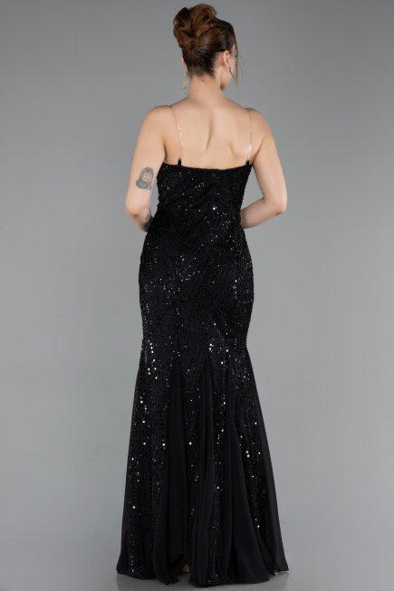 Robe de Soirée Longue Perlé Noir ABU6080