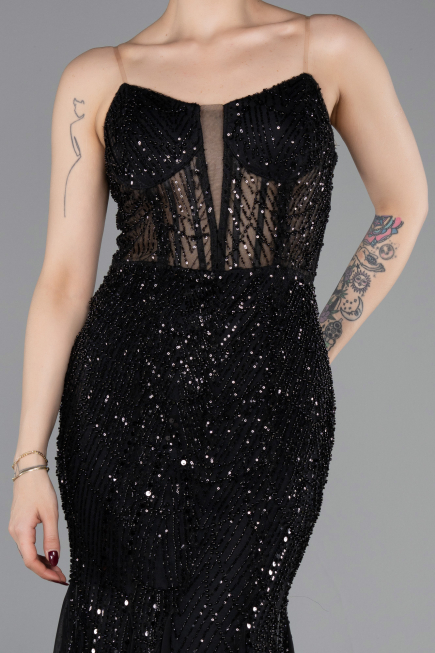 Robe de Soirée Longue Perlé Noir ABU6080