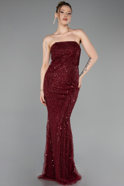 Robe de Soirée Longue Perlé Rouge Bordeaux ABU6104
