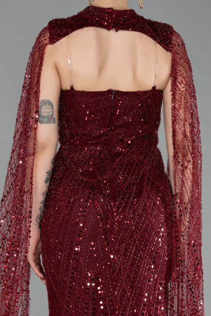 Robe de Soirée Longue Perlé Rouge Bordeaux ABU6104