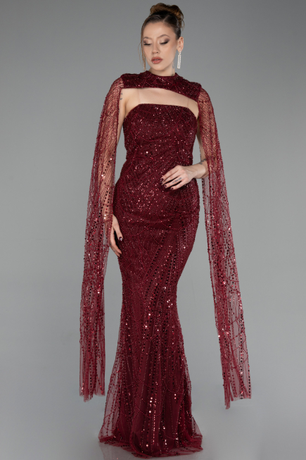 Robe de Soirée Longue Perlé Rouge Bordeaux ABU6104
