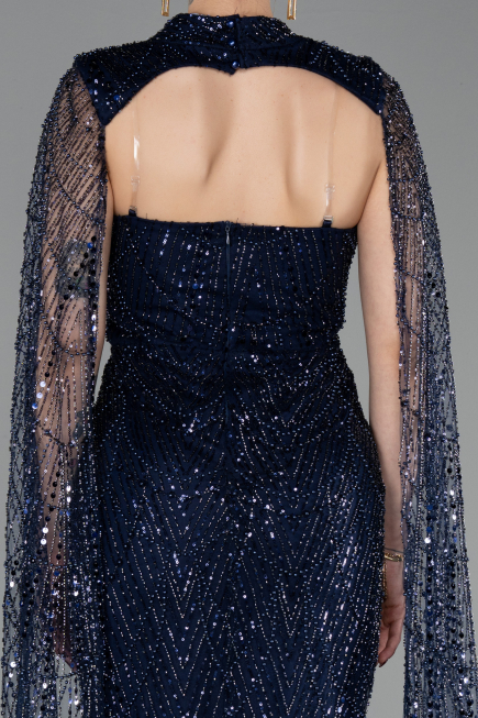 Robe de Soirée Longue Perlé Bleu Marine ABU6104