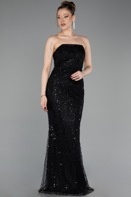 Robe de Soirée Longue Perlé Noir ABU6104