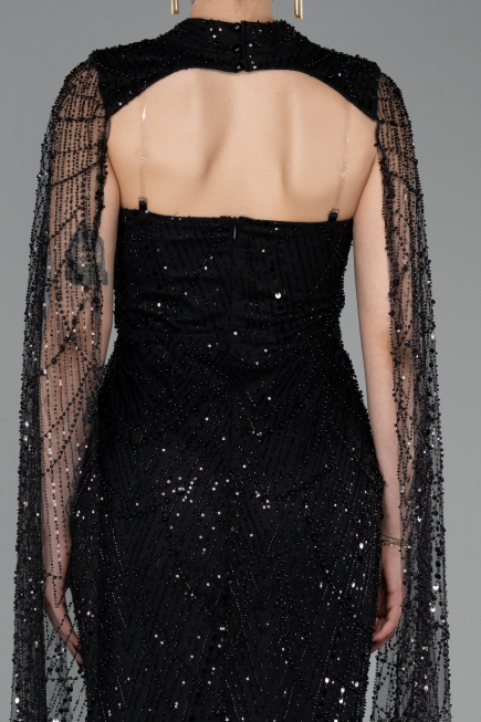 Robe de Soirée Longue Perlé Noir ABU6104