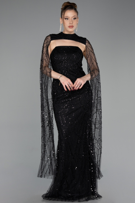 Robe de Soirée Longue Perlé Noir ABU6104