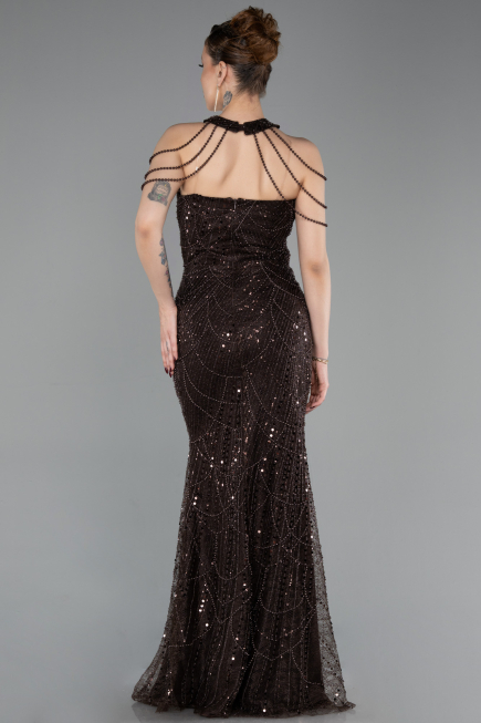 Robe de Soirée Longue Perlé Brun ABU6073