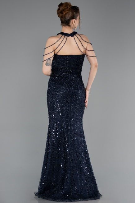 Robe de Soirée Longue Perlé Bleu Marine ABU6073