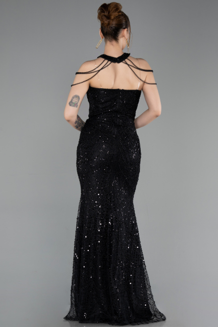 Robe de Soirée Longue Perlé Noir ABU6073