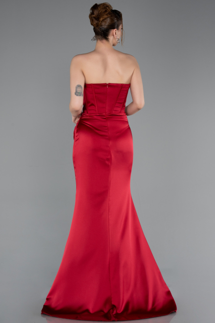 Robe Queue de Poisson Longue Satin Rouge Bordeaux ABU6109