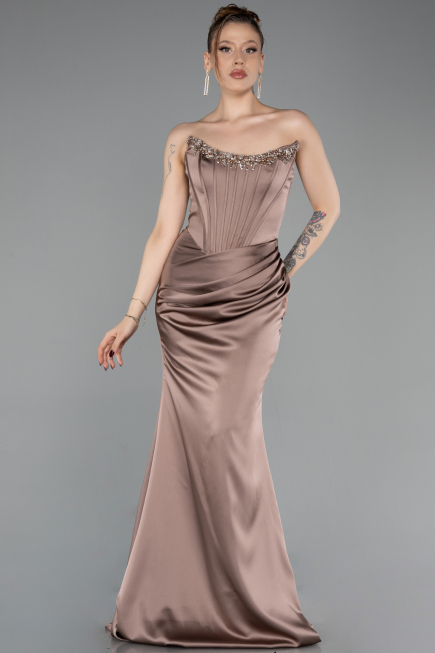 Robe Queue de Poisson Longue Satin Cappuccino ABU6109