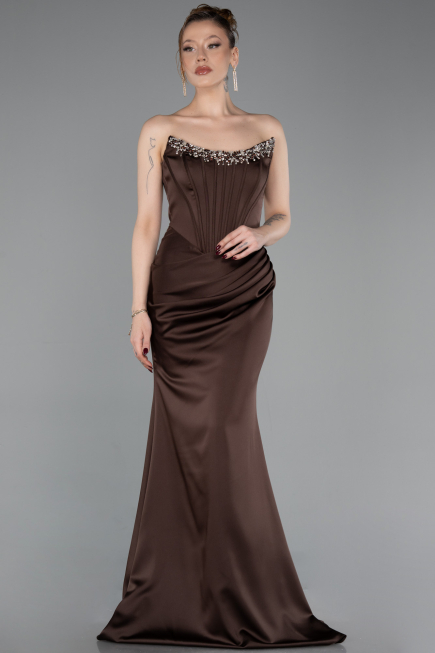 Robe Queue de Poisson Longue Satin Brun foncé ABU6109