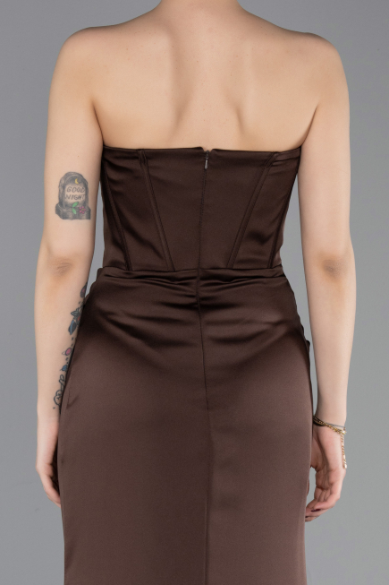Robe Queue de Poisson Longue Satin Brun foncé ABU6109