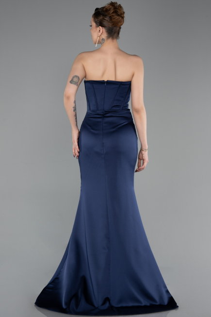 Robe Queue de Poisson Longue Satin Bleu Marine ABU6109