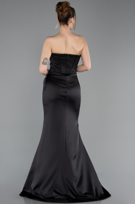Robe Queue de Poisson Longue Satin Noir ABU6109