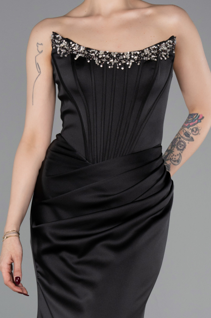 Robe Queue de Poisson Longue Satin Noir ABU6109
