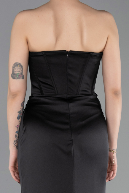 Robe Queue de Poisson Longue Satin Noir ABU6109