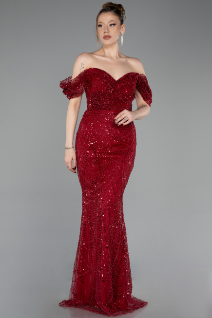 Robe De Soirée Perlé Longue Rouge Bordeaux ABU5557