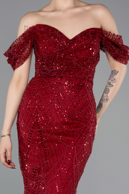 Robe De Soirée Perlé Longue Rouge Bordeaux ABU5557