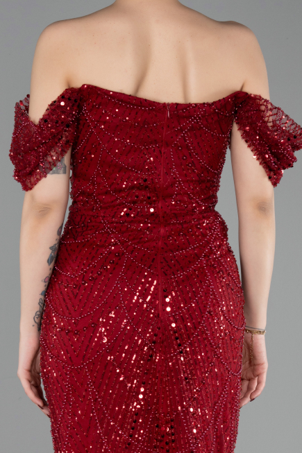 Robe De Soirée Perlé Longue Rouge Bordeaux ABU5557