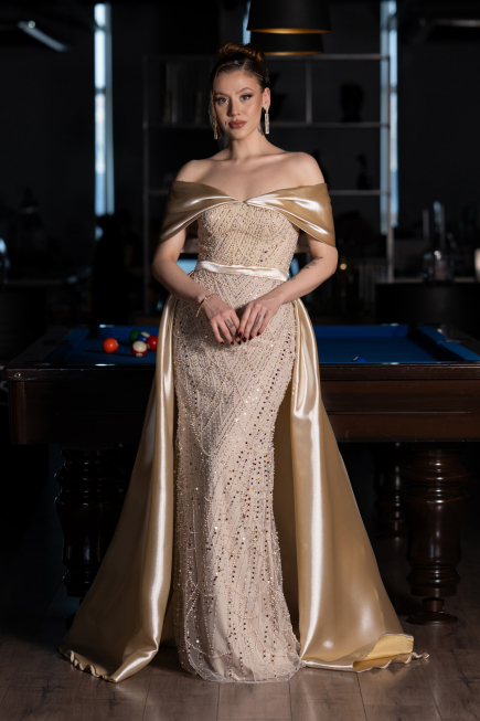 Robe De Soirée Perlé Longue Beige ABU5400