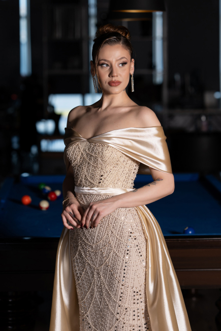 Robe De Soirée Perlé Longue Beige ABU5400